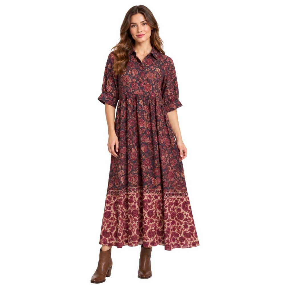 Natural Life Floral Tiered Maxi Dress Small Red Blue Cotton Rayon Puff Sleeve